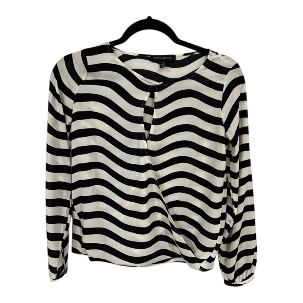 💟 Banana Republic black & while striped blouse with front opening -XXS - Picture 1 of 12